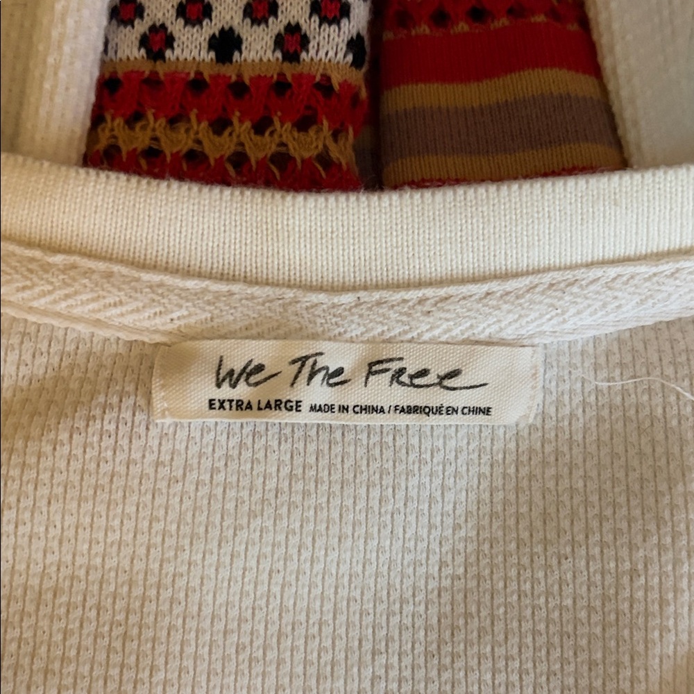 Free People Cream Thermal Top with Red & Pink Embroidered Cuffs - Picture 4 of 5